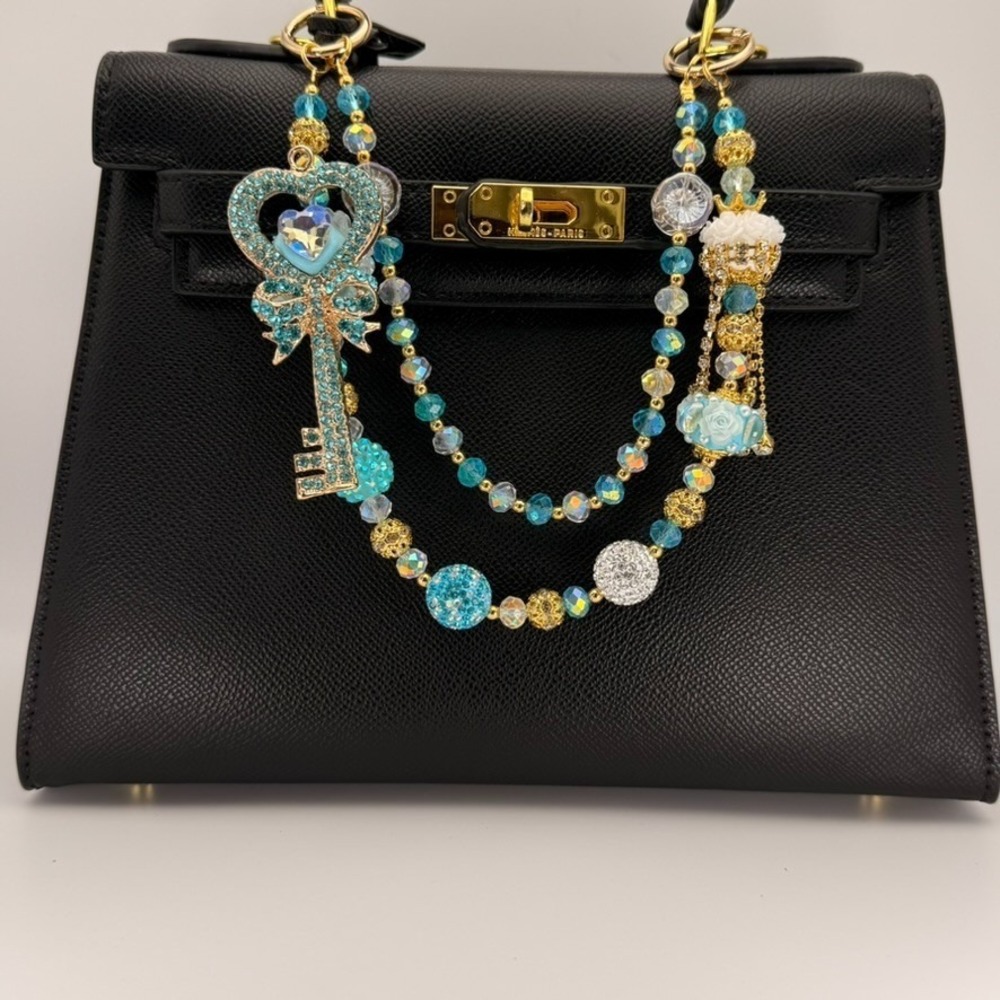 Blue Heart Key Bag‎ Charm Crystal Beaded Purse Charm Rhinestone Keychain Gold